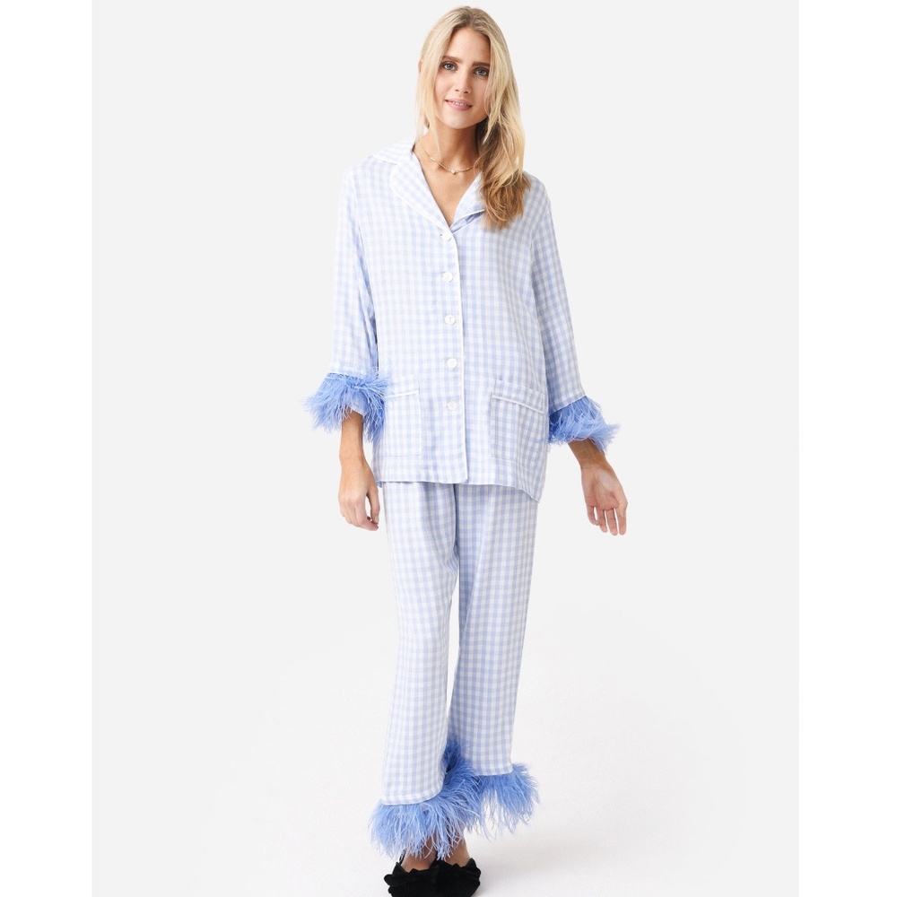 Sleeper Pale Blue Gingham Pajama Set with Feather Trim